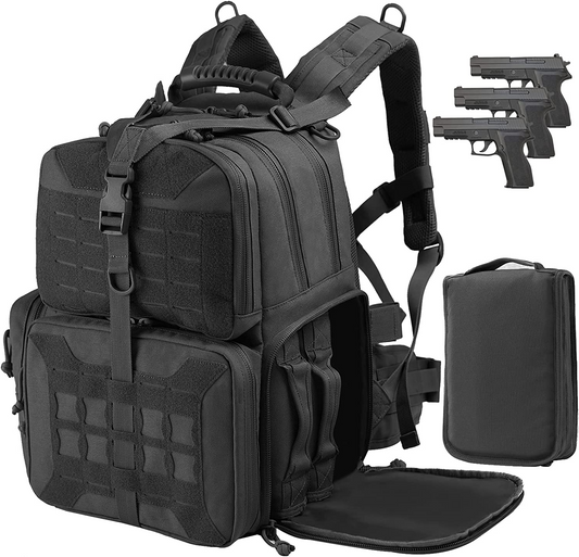 Range Pack- Range Activity Bag For Handgun And Ammo, with 3 Pistol Carrying Cases